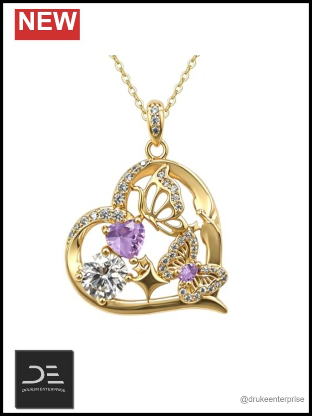18K Gold Plated Butterfly Heart Necklace Spinning Crystal Pendant Fine Jewelry